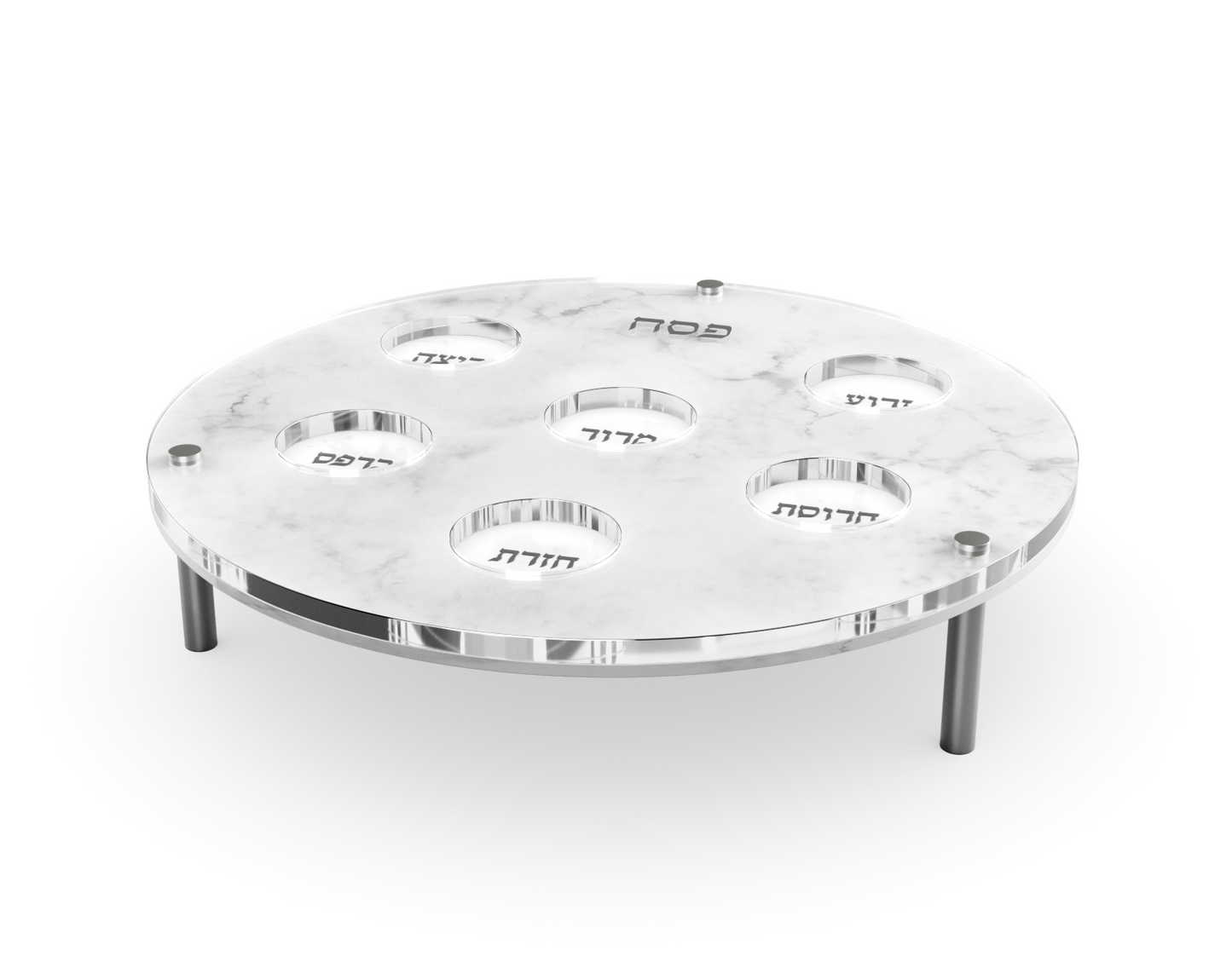 White Marble Lucite Seder Plate Adjustable Height - Silver